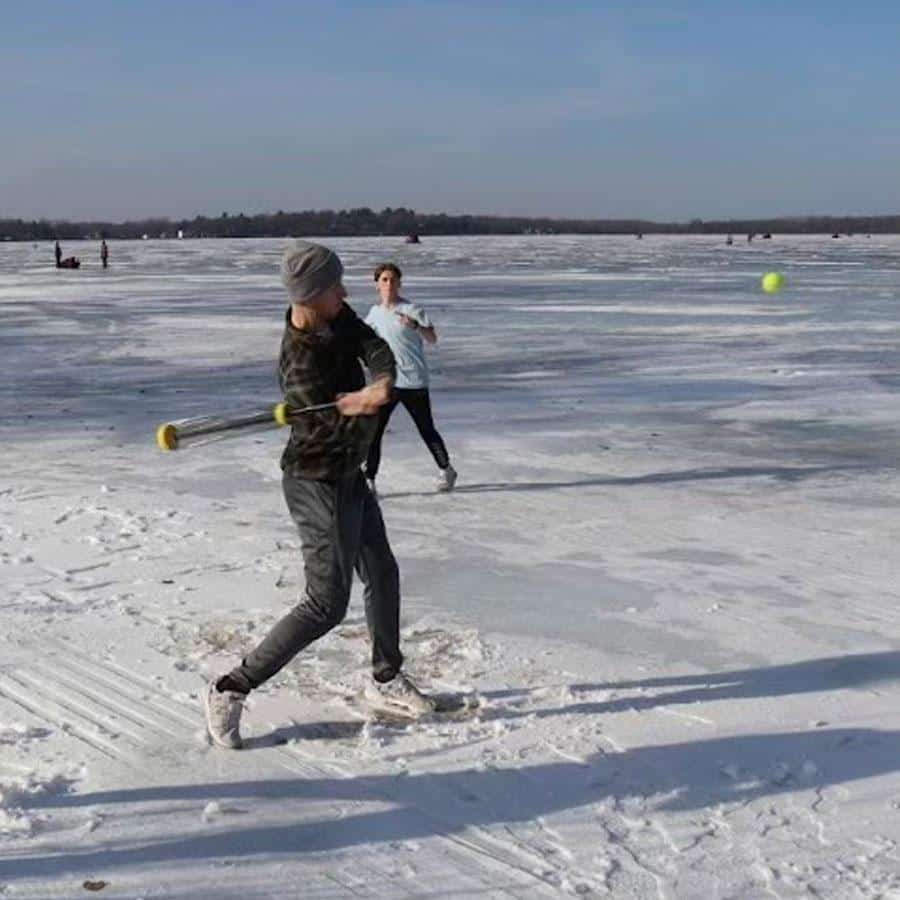 Playing in winter on a frozen lake